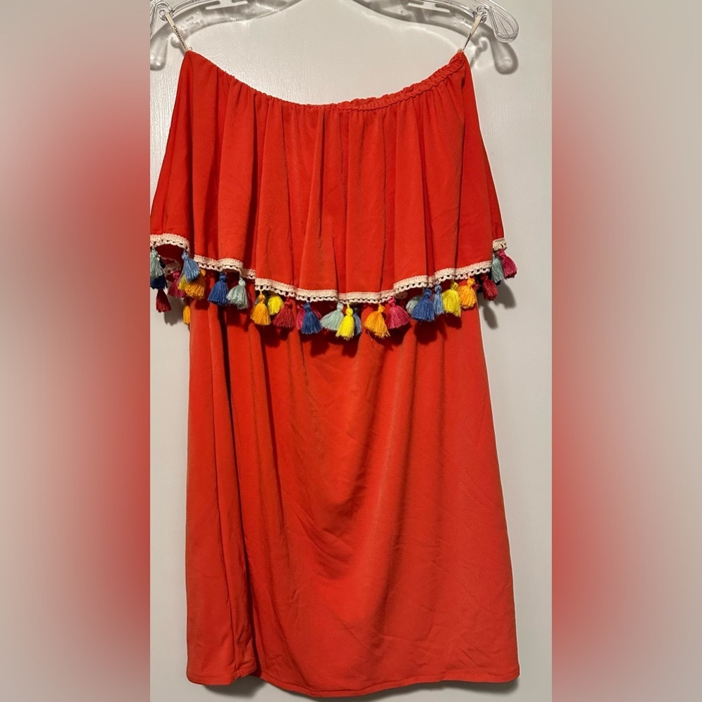 Judith March Mandarin Orange Pom Pom Off Shoulder Dress Colorful - Size Medium - Picture 3 of 6